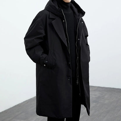 Men's False Two Pieces Hooded Mid-length Trench Coat