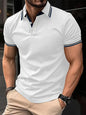 Men's Slim-fit Ribbed Striped Lapel Button Solid Color Stitching T-shirt Top