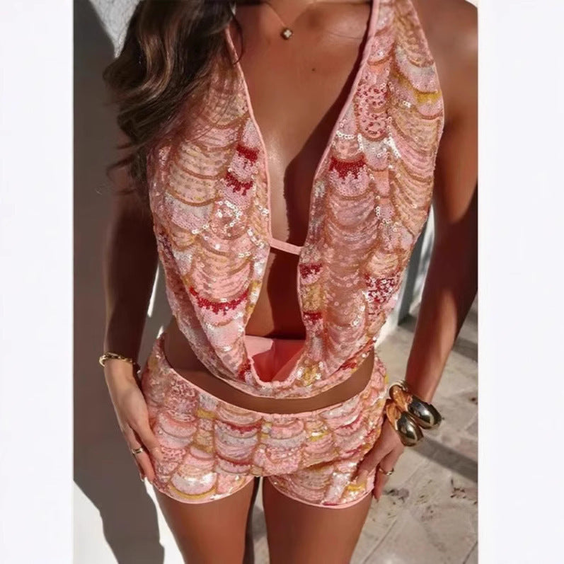 Casual Slim Fit Mermaid Sequined Backless Sexy Overall Dress Set