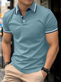 Men's Slim-fit Ribbed Striped Lapel Button Solid Color Stitching T-shirt Top