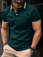 Men's Slim-fit Ribbed Striped Lapel Button Solid Color Stitching T-shirt Top
