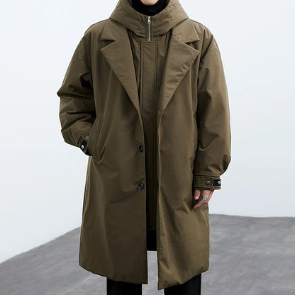 Men's False Two Pieces Hooded Mid-length Trench Coat