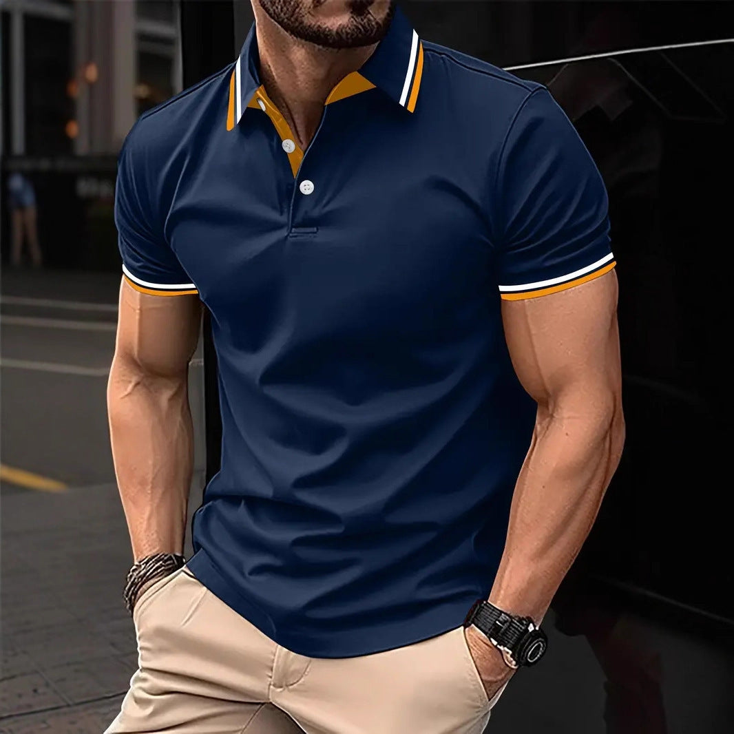 Men's Slim-fit Ribbed Striped Lapel Button Solid Color Stitching T-shirt Top