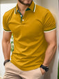 Men's Slim-fit Ribbed Striped Lapel Button Solid Color Stitching T-shirt Top